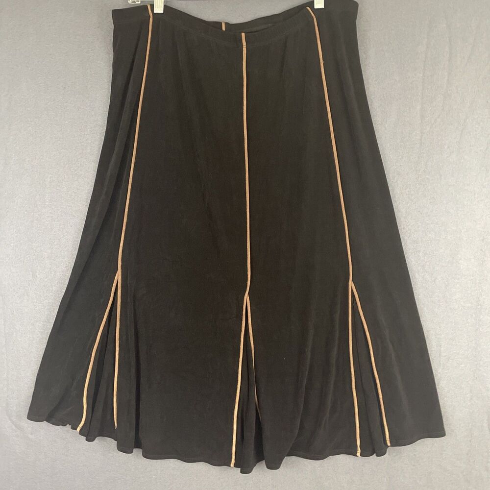 CitiKnit Made In US Slinky A-Line MIDI Skirt Sz XL Black Brown Piping Whimsigoth